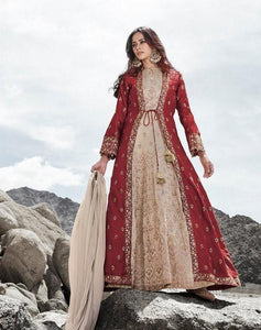 Designer Beige Silk Indo Western Gown with Maroon Long Jacket by Fashion Nation