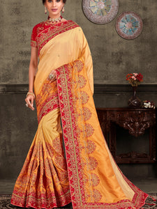 Mehndi Function Wear Shaded Yellow Silk Saree with Red Blouse - Fashion Nation