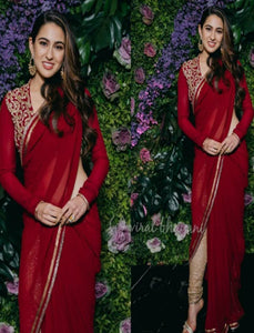 Sara Ali Khan KF3614 Bollywood Inspired Red Georgette Silk Saree - Fashion Nation