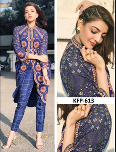 Kajal Aggarwal KF3664 Bollywood Inspired Blue Silk Jacket Style Pant Suit - Fashion Nation