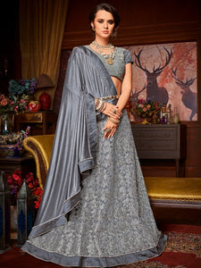 A La Moda LH10705 Designer Lavender Grey Net Jacquard Lehenga Saree by Fashion Nation