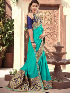 Designer Aqua Blue Silk Jacquard Fine Saree with Blouse by Fashion Nation