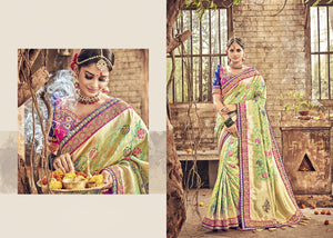 Pretty PRM5412 Bridal Beige Green Banarasi Silk Saree - Fashion Nation