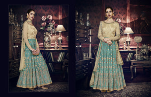 Unique Indo Western PRM9199 Aqua Blue Beige Silk Floor Length Anarkali - Fashion Nation