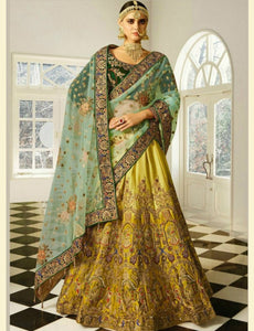 Festive SF5172 Bollywood Inspired Yellow Green Silk Velvet Net Lehenga Choli - Fashion Nation