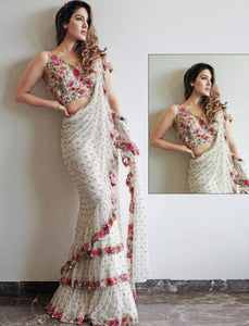 Designer SF5539 Bollywood Inspired White Multicoloured Net Silk Ruffle Saree - Fashion Nation