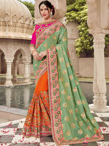 Bridal TN11008 Designer Green Orange Pink Silk Jacquard Saree - Fashion Nation