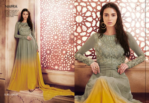 Haute Couture NAK1043B Designer Shaded Olive Mustard Yellow Net Silk Floor Length Dress Anarkali - Fashion Nation