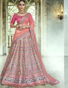 Radiant Nakkashi NAK5133 Bridal Beige Multicoloured Handloom Silk Peach Net Lehenga Choli - Fashion Nation