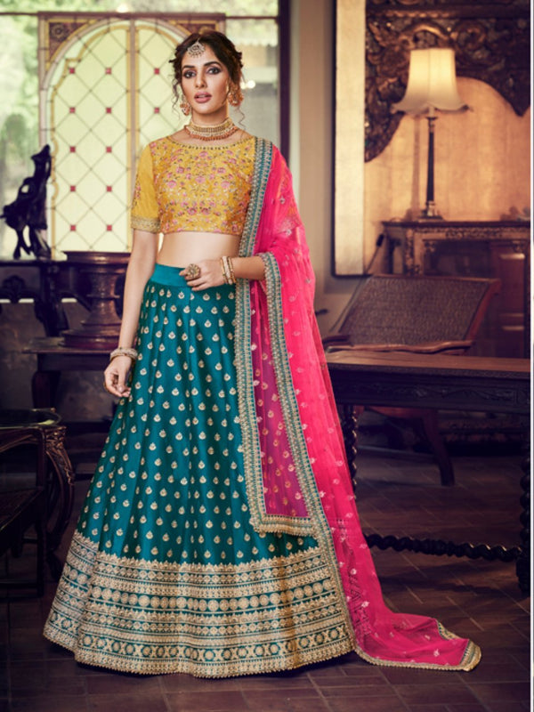 Handpicked Nakkashi NAK4166 Bridal Peacock Blue Yellow Silk Lehenga Choli - Fashion Nation