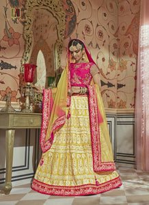 Bright MN4604 Partywear Pink Yellow Multicoloured Net Silk Lehenga Choli - Fashion Nation