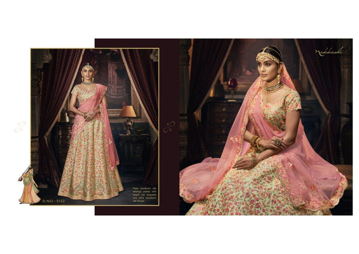 Designer Nakkashi NAK5152 Bridal Peach Net Pista Green Handloom Silk Lehenga Choli - Fashion Nation