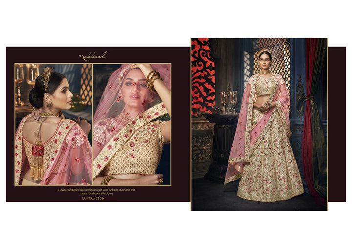 Traditional Nakkashi NAK5156 Bridal Pink Net Beige Handloom Silk Lehenga Choli - Fashion Nation