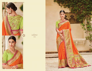Bright KIM1012 Wedding Wear Orange Green Banarasi Silk Weaving Saree - Fashion Nation