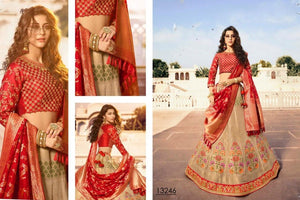 Grand VIR13246 Bridal Beige Red Jacquard Silk Chaniya Choli - Fashion Nation